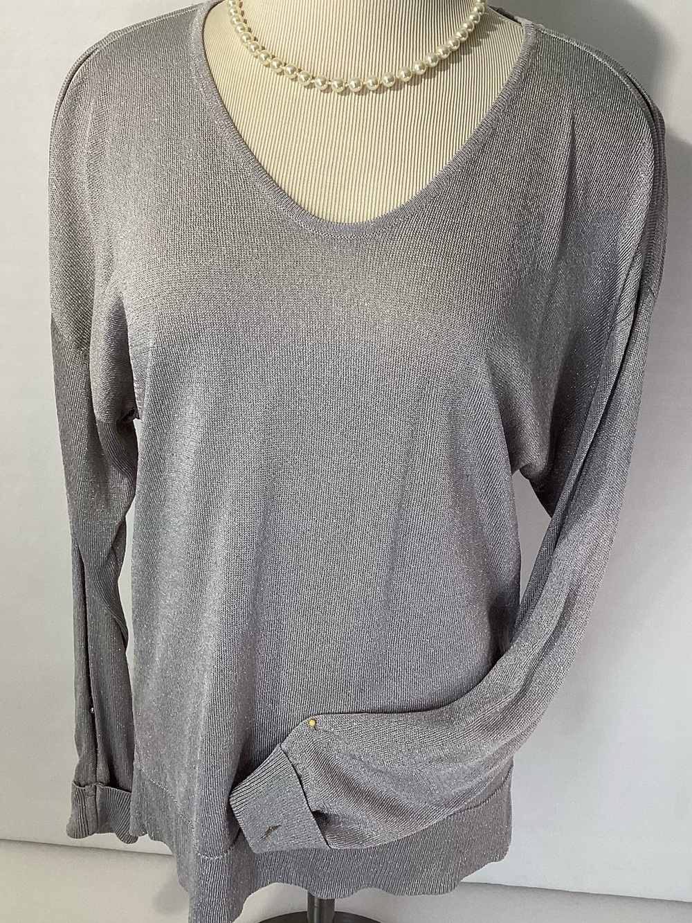 Calvin Klein Metallic Silver V-Neck Pullover Size M Open Sleeves Knit